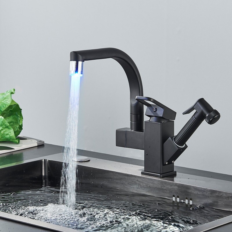 LED Kitchen Sink Faucet Matte Black Single Handle Pull Down Sprayer with Cover