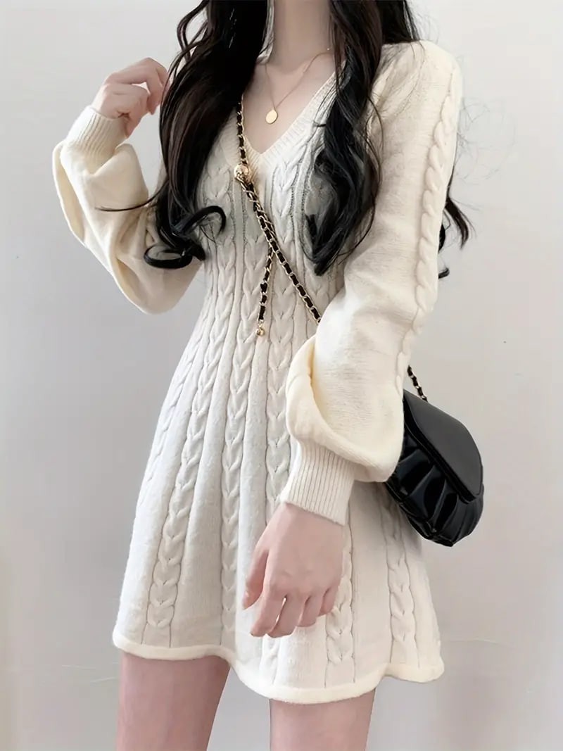 Solid Cable Knit Dress, Elegant V Neck Lantern Long Sleeve Dress, Women's Clothing