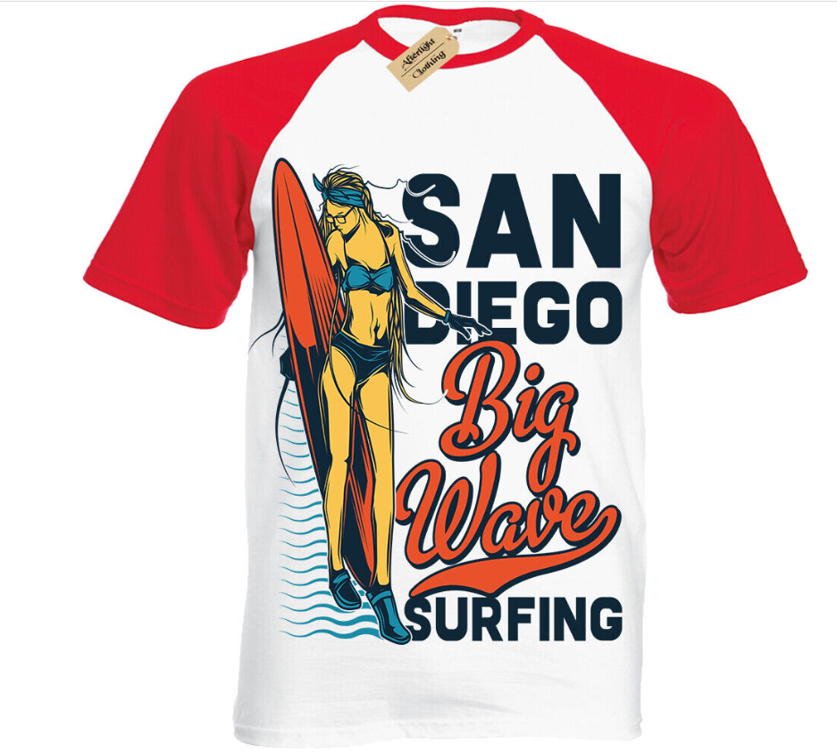 San Diego Big Wave Surfing T-Shirt Mens surf beach surfers Short Sleeve Baseball